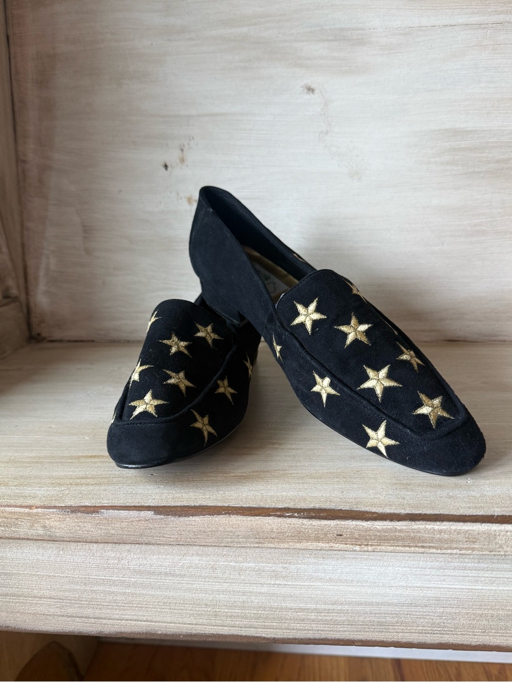 Quacker Factory Black Suede Loafers with Gold Star Accents